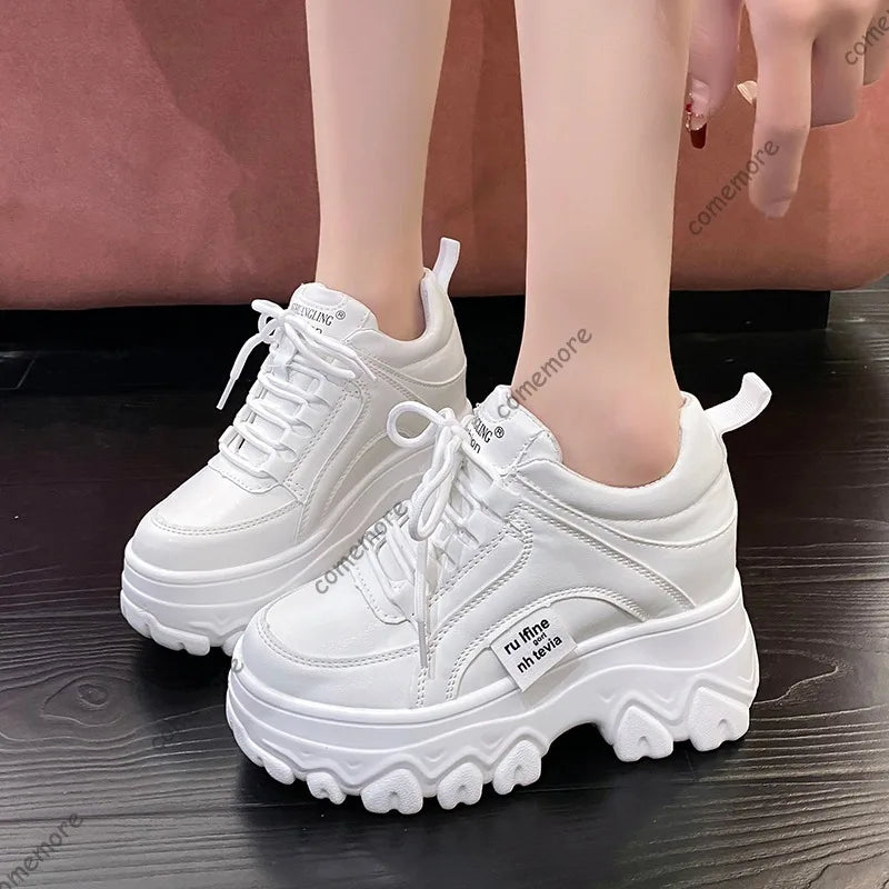 Comemore 11CM Platform White Sneakers for Women – Breathable Chunky Sole Casual Shoes for Spring & Autumn, Height-Increasing Outdoor Style