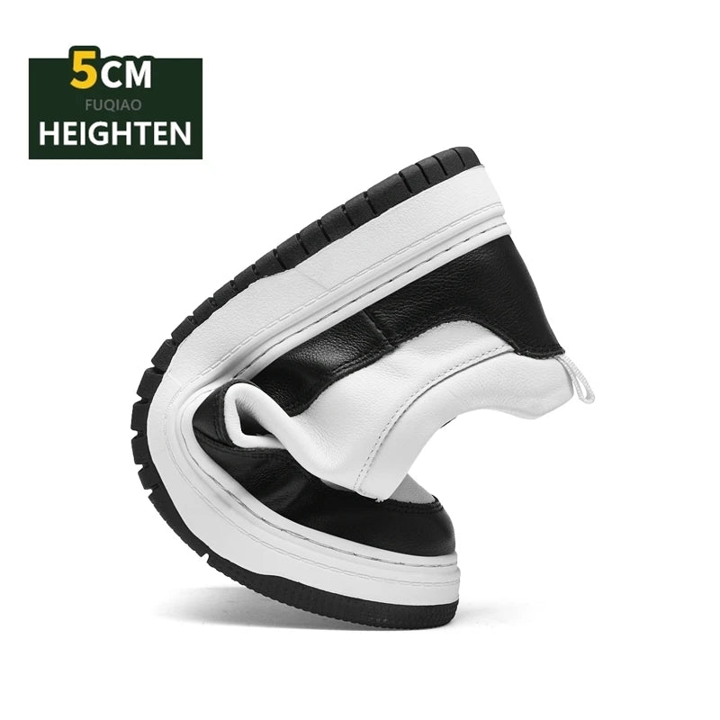 5CM Invisible Height-Increasing Sneakers – Unisex Cowhide Leather Elevator Sports Shoes, Lace-Up Casual Design, Comfortable for Walking