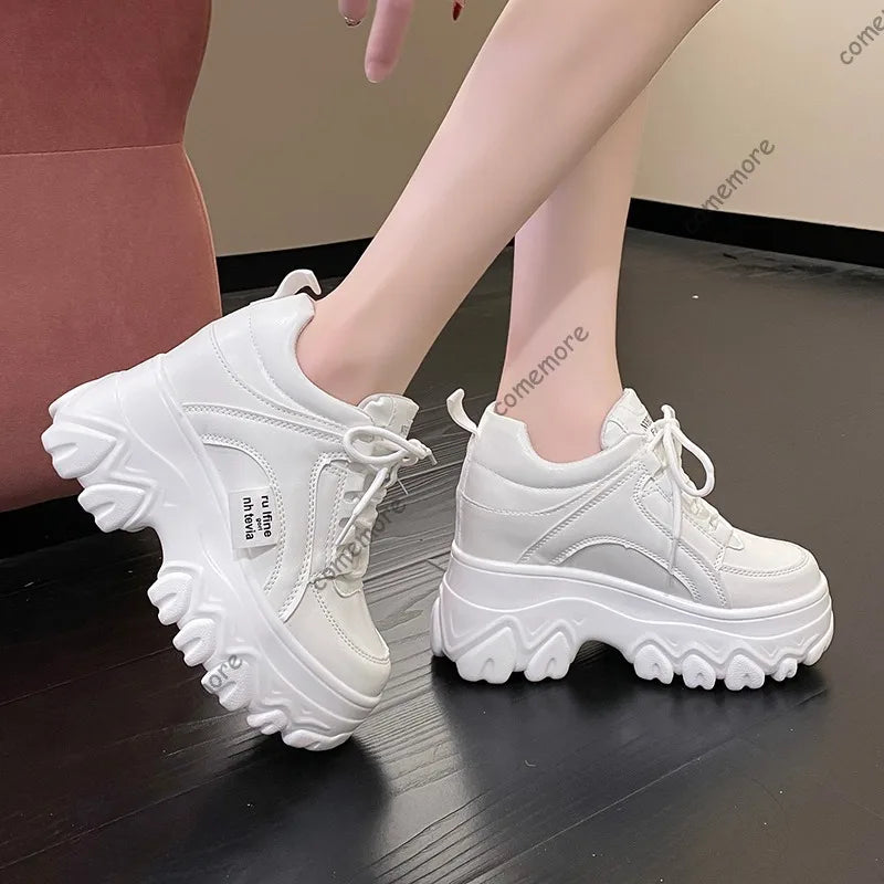 Comemore 11CM Platform White Sneakers for Women – Breathable Chunky Sole Casual Shoes for Spring & Autumn, Height-Increasing Outdoor Style