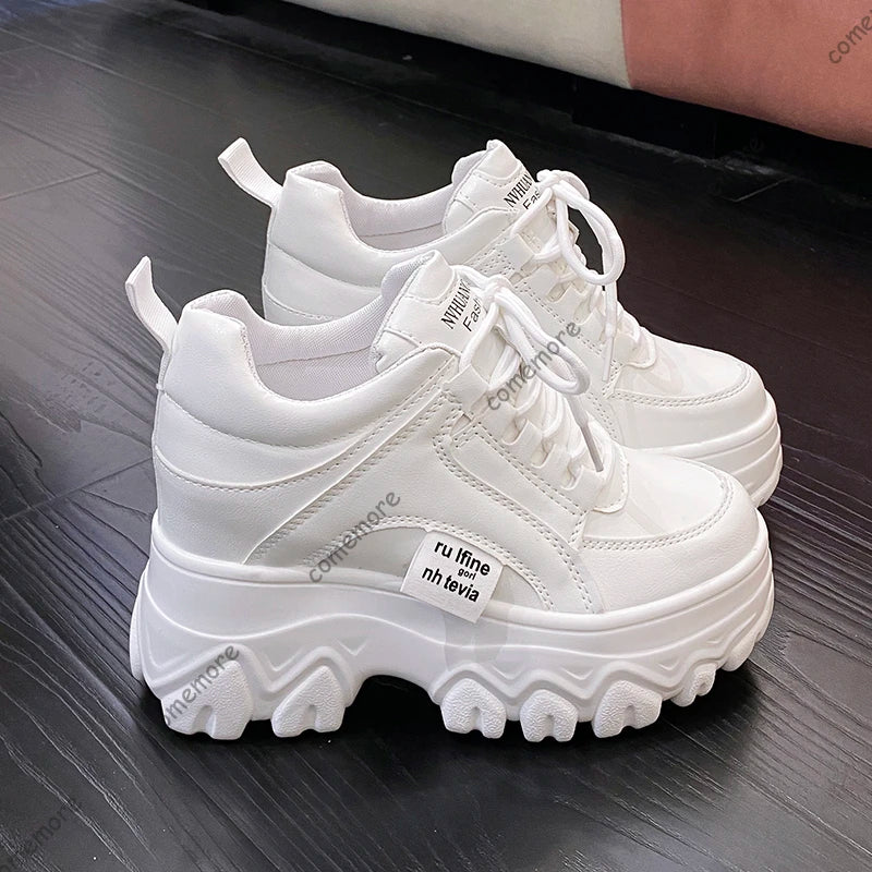 Comemore 11CM Platform White Sneakers for Women – Breathable Chunky Sole Casual Shoes for Spring & Autumn, Height-Increasing Outdoor Style