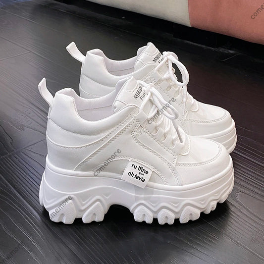 Comemore 11CM Platform White Sneakers for Women – Breathable Chunky Sole Casual Shoes for Spring & Autumn, Height-Increasing Outdoor Style