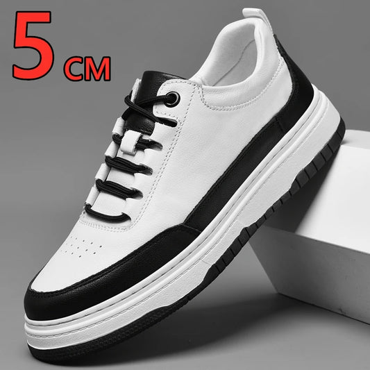 5CM Invisible Height-Increasing Sneakers – Unisex Cowhide Leather Elevator Sports Shoes, Lace-Up Casual Design, Comfortable for Walking
